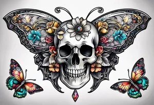 Flower chest piece, small animal skull, crystals, moth tattoo idea