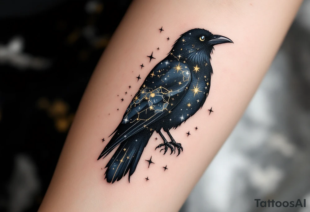 Celestial Crow – A black crow filled with tiny constellations and stars inside its body. Stylized with dark navy, gold, and white ink for a cosmic feel. tattoo idea