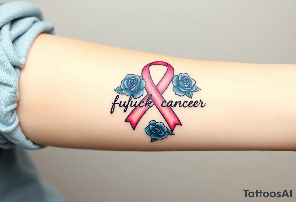 Pretty pink Cancer ribbon that says "fuck cancer"with blue roses tattoo idea