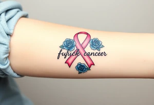 Pretty pink Cancer ribbon that says "fuck cancer"with blue roses tattoo idea
