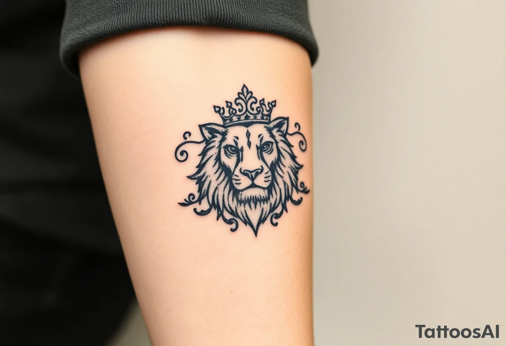 majestic lion wearing ornate crown, surrounded by baroque flourishes tattoo idea