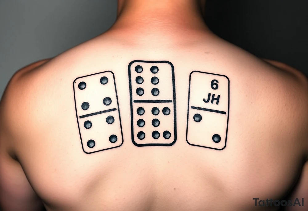 Tattoo design of three domino tiles, realistic retro style, not fine-line. The dominoes should be arranged visible together, with numbers: one domino with 8 (4+4), one with 7 (4+3), and one with 6 (six dots on the bottom half). On the top half of the domino with 6, add the initials ‘JH’, integrated in a subtle vintage lettering style. Shaded black and grey tattoo style, retro realistic, slightly worn texture tattoo idea