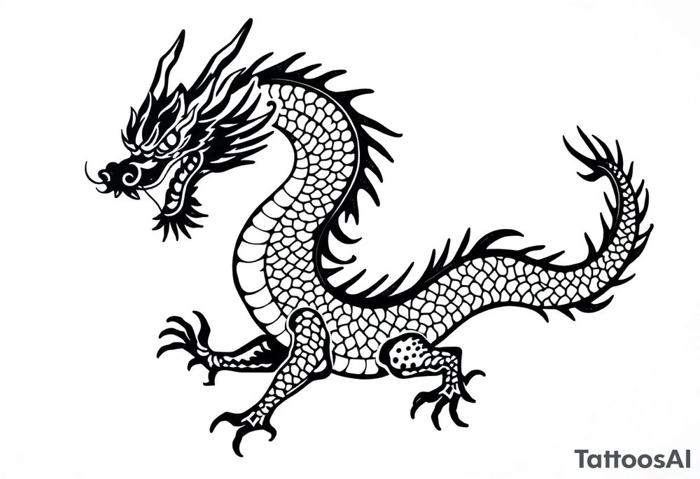 Black ink dragon with flowing body, abstract motion lines, stylised blackwork tattoo, minimalist details, high contrast, traditional Japanese dragon form, vertical layout tattoo idea