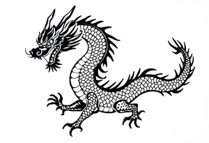Black ink dragon with flowing body, abstract motion lines, stylised blackwork tattoo, minimalist details, high contrast, traditional Japanese dragon form, vertical layout tattoo idea