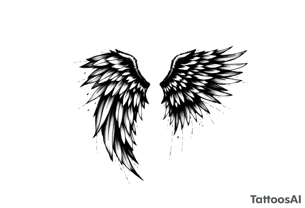 the wings go up

This tattoo design features a pair symmetrical angel wings drawn in black ink with a rough, sketch-like style. The left wing is darker, more defined, and appears denser, while the right wing is lighter, more delicate, and fragmented, creating a contrast between the two. The feathers are sharp and irregular, with fine lines and stray strokes extending outward, adding a raw and artistic feel. The overall look is dynamic and slightly chaotic, giving the impression of movement or an unfinished, ethereal form. This design symbolizes duality, freedom, transformation, or even struggle, making it a meaningful and visually striking tattoo. tattoo idea