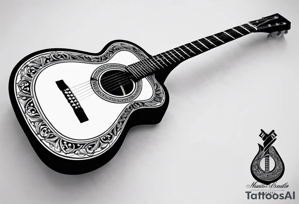 A minimalist guitar design, small in size, with clean lines and vintage detailing. The guitar represents a deep connection to music, with a classic, understated design that captures its essence without embellishments. tattoo idea