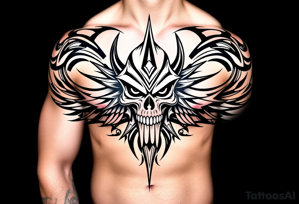 The Fiend top center piece of sleeve with tribal design surrounding covering up old tattoo tattoo idea