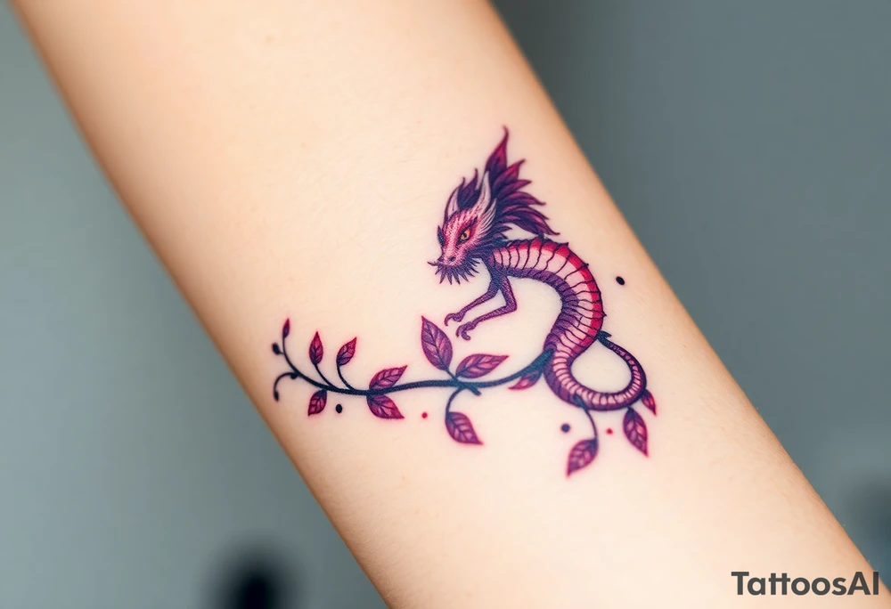 A bracelet wrapped around the arm dragon with purple and red tones, feathers and vines tattoo idea