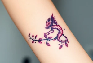 A bracelet wrapped around the arm dragon with purple and red tones, feathers and vines tattoo idea