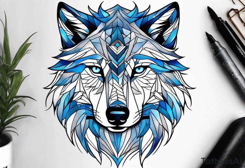 Male young Wolf face look realistic with blue eyes tattoo idea