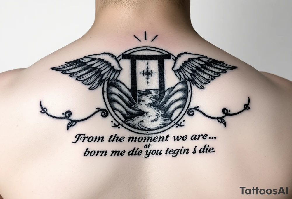 Incorporate the gemini symbol with a river and the words from the moment we are born we begin to die in Latin tattoo idea