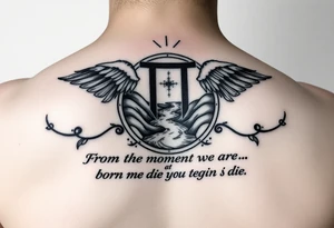 Incorporate the gemini symbol with a river and the words from the moment we are born we begin to die in Latin tattoo idea