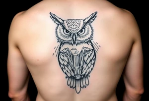 Fierce owl with yosemite falls background in the tummy of the owl black fine line tattoo tattoo idea