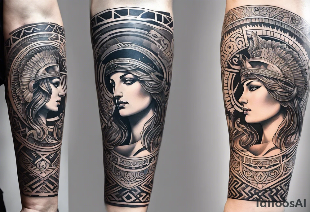 A full tattoo sleeve inspired by Greek mythology, centered around the Greek goddess Athena. Athena is portrayed with a strong, commanding presence, symbolizing wisdom, strength, and warfare. The design emphasizes bold, clean lines with a focus on sharp contrasts, creating a powerful and dynamic visual impact. Surrounding Athena, incorporate a mandala effect with geometric patterns that evoke a sense of order and strategy, reflecting her role as a warrior goddess. The sleeve also features masculine elements such as a fierce owl with piercing eyes, an ornate warrior’s helmet, and olive branches intertwined with Spartan-style armor, all seamlessly integrated into the design. The overall aesthetic is strong, rugged, and heroic, capturing the essence of Athena’s wisdom and martial prowess in a way that resonates with a masculine energy. tattoo idea