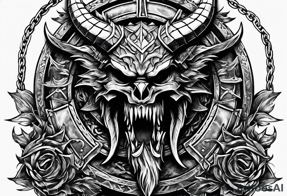 Valhalla sword shield dragon axe Valknut barbed wire chains tattoo idea