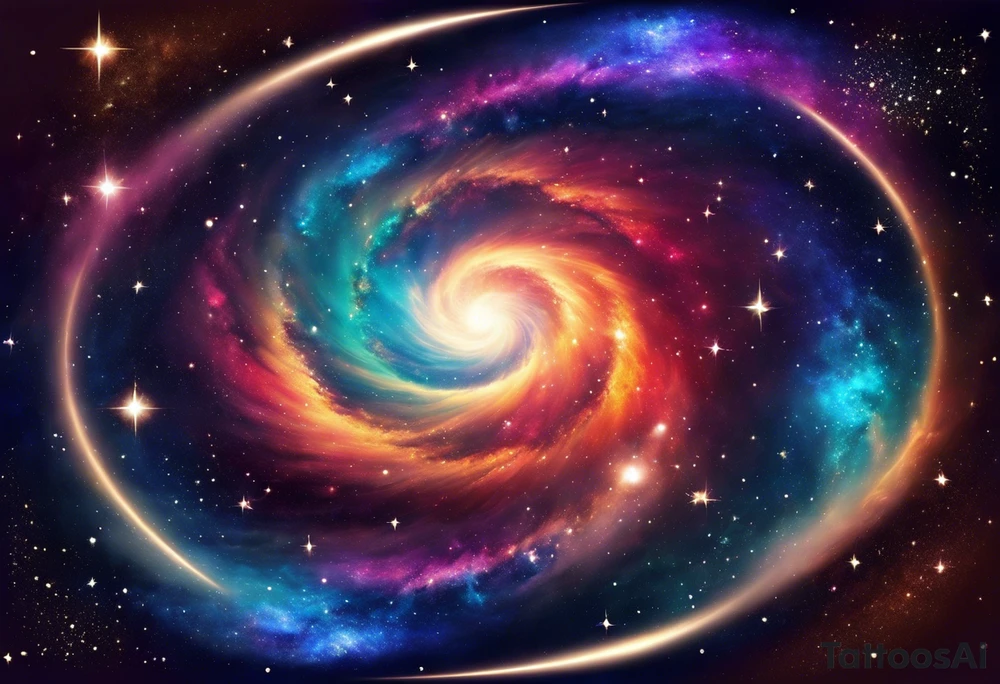 I want a spiral nebula space galaxy tattoo that's colorful and bright and cute and is nice to look at I don't want a traditional circle I want it like the ones thay look like an s shape and this tattoo will be on my left buttcheek and light colors I want more spread and less circle tattoo idea
