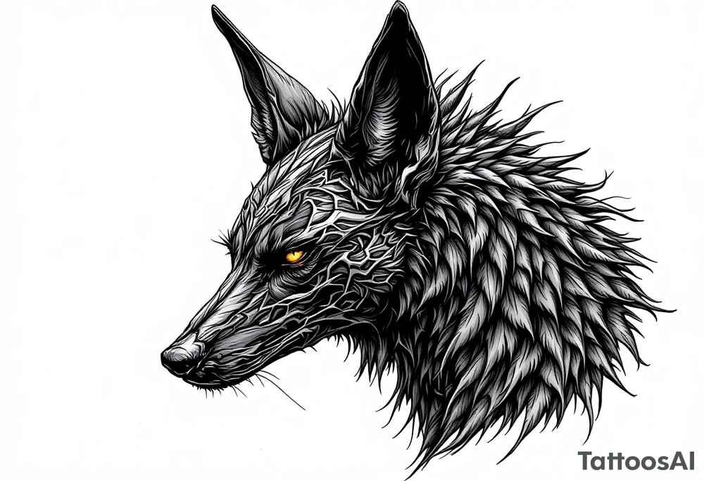 a creature that looks strongly like a combination of Anubis, and a black hound, with the tall pointy ears of a jackal, looking back, serious and daring tattoo idea