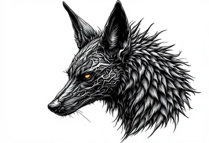 a creature that looks strongly like a combination of Anubis, and a black hound, with the tall pointy ears of a jackal, looking back, serious and daring tattoo idea