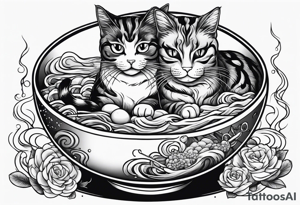 Two tabby cats sitting in a ramen noodle bowl tattoo idea