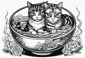 Two tabby cats sitting in a ramen noodle bowl tattoo idea