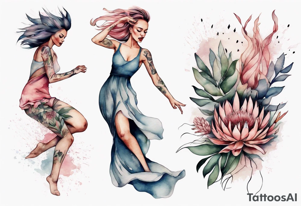 Very feminine tattoo with a woman dancing in a wind of protea flowers tattoo idea