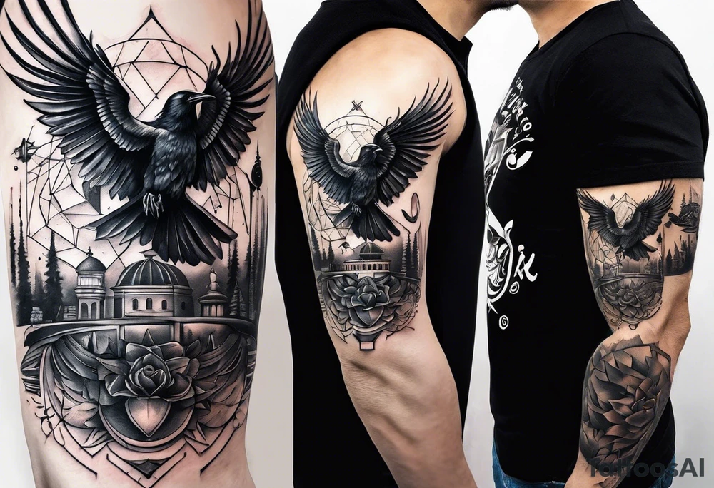 I want a tattoo that goes from the shoulder to the elbow including a scorpion, the metraton cube, the crow and the Roman numeral 19. tattoo idea