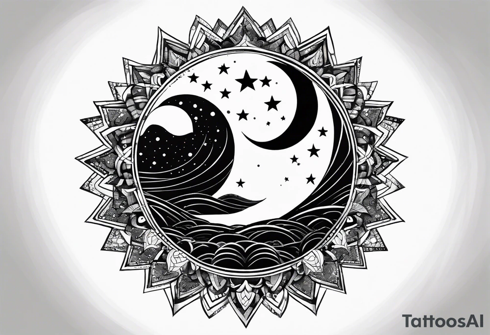 mezcla de sol luna y mar con estrellas brillantes, sin bordes, sencillo, minimalista tattoo idea