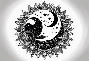 mezcla de sol luna y mar con estrellas brillantes, sin bordes, sencillo, minimalista tattoo idea