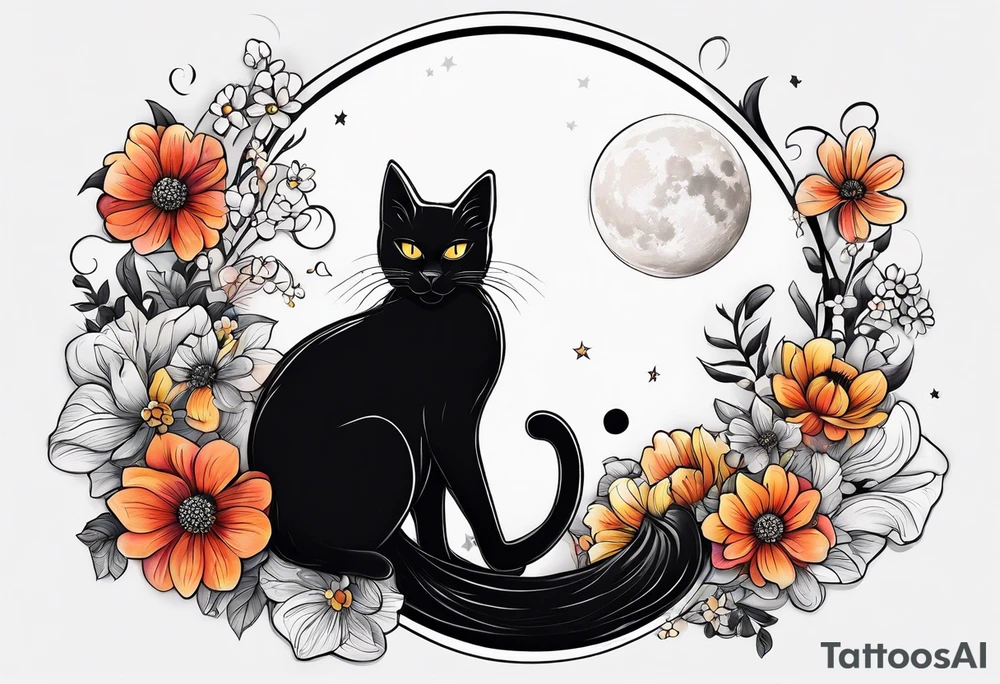 Photo realistic black cat with moon and flowers tattoo idea