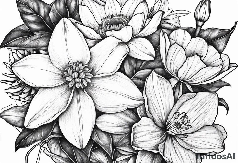 Dainty Bouquet daffodils water lilies and morning glories tattoo idea