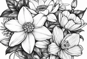 Dainty Bouquet daffodils water lilies and morning glories tattoo idea