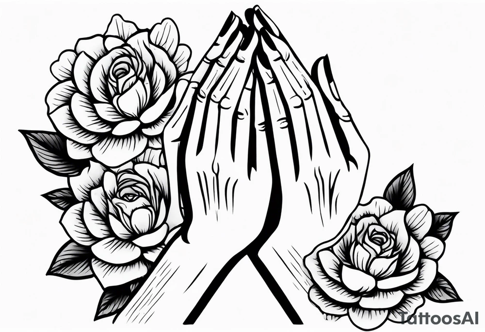 hands praying with flowers simple bold tradional old school style tattoo idea
