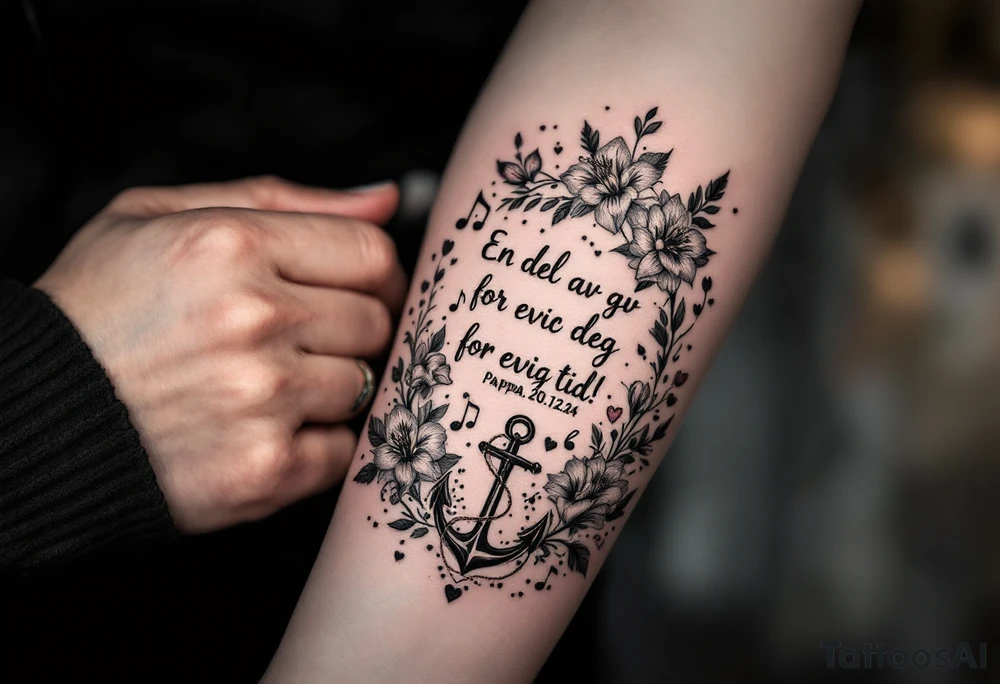 make a quote that says "En del av deg for evig tid! Pappa 20.12.24" Surrounded by gladiolus, music notes, hearts and an anchor tattoo idea