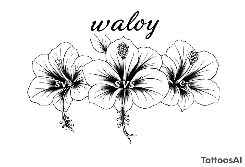 3 Tribal Hibiscus flowers with the work “waloy” over them and the letters “svs” within the tribal flowers with each letters on each flowers tattoo idea