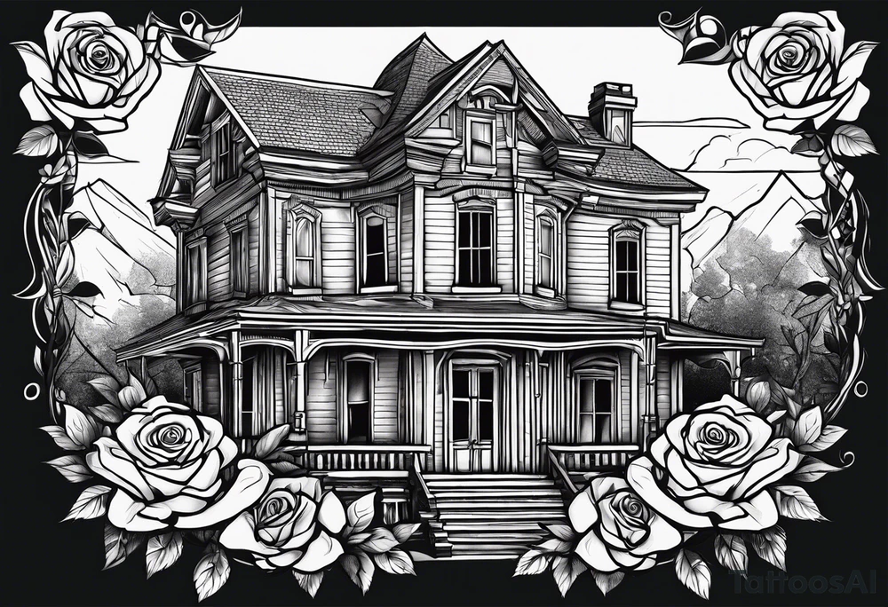 abandoned old house, broken sword, roses tattoo idea