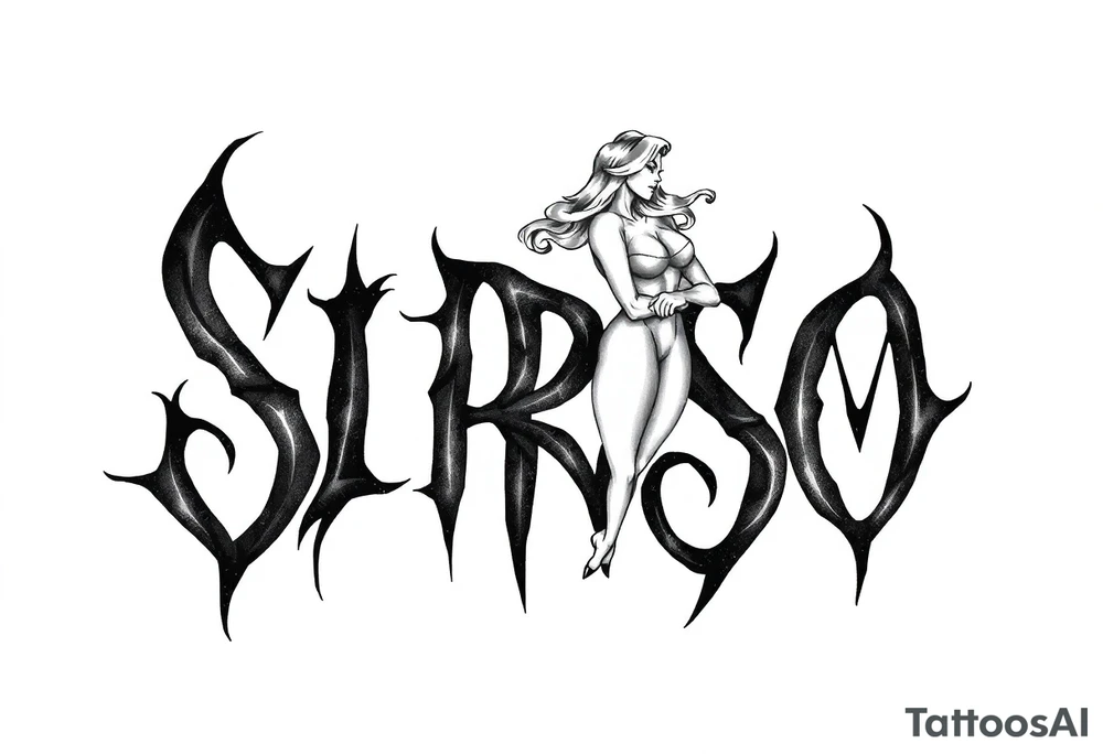 Abstract Tribal font saying “SIRISO” with all letters close together and the S in SIRISO connected to the O and a silloute of a sexy woman on top of the words tattoo idea