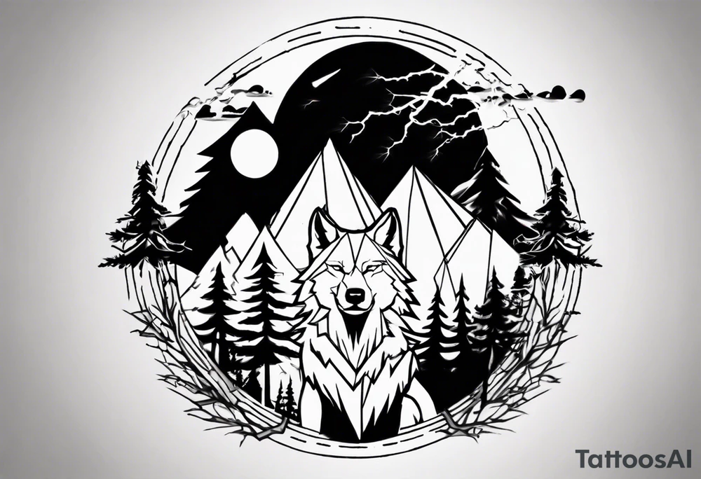 lightning over forest with wolf howling on drum tattoo idea lightning over forest with wolf howling on drum tattoo idea