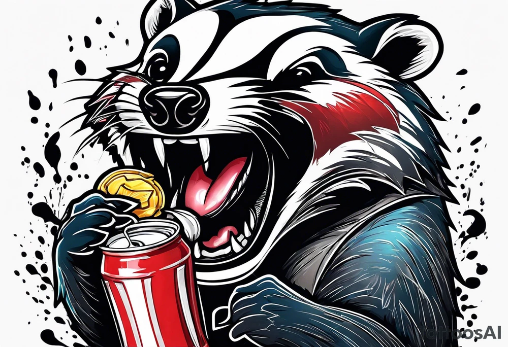 Angry badger with mouth open with soda can and chips in hands tattoo idea