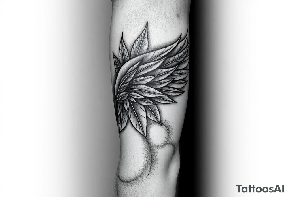 Forearm sleeve tattoo including details of a few jungle leafs,Bold and powerful Puerto Rican tribal theme, wing with 100 dollar patterns in it tattoo idea
