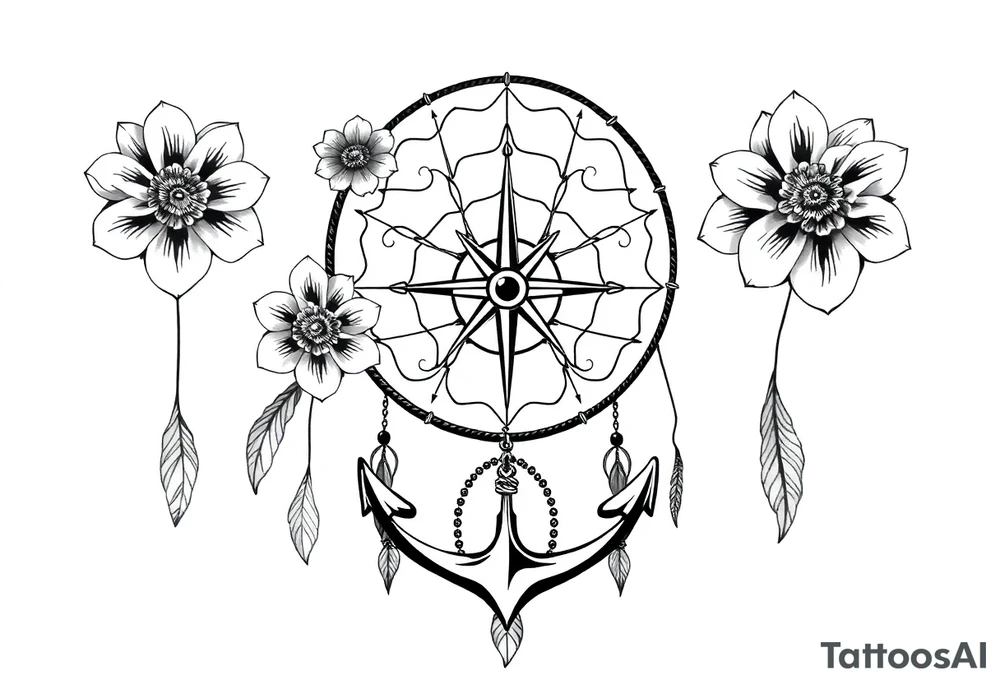 Boho dream catcher with compass and anchor Beautiful flowers and an ornamental chandelier like look tattoo idea