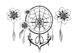 Boho dream catcher with compass and anchor Beautiful flowers and an ornamental chandelier like look tattoo idea
