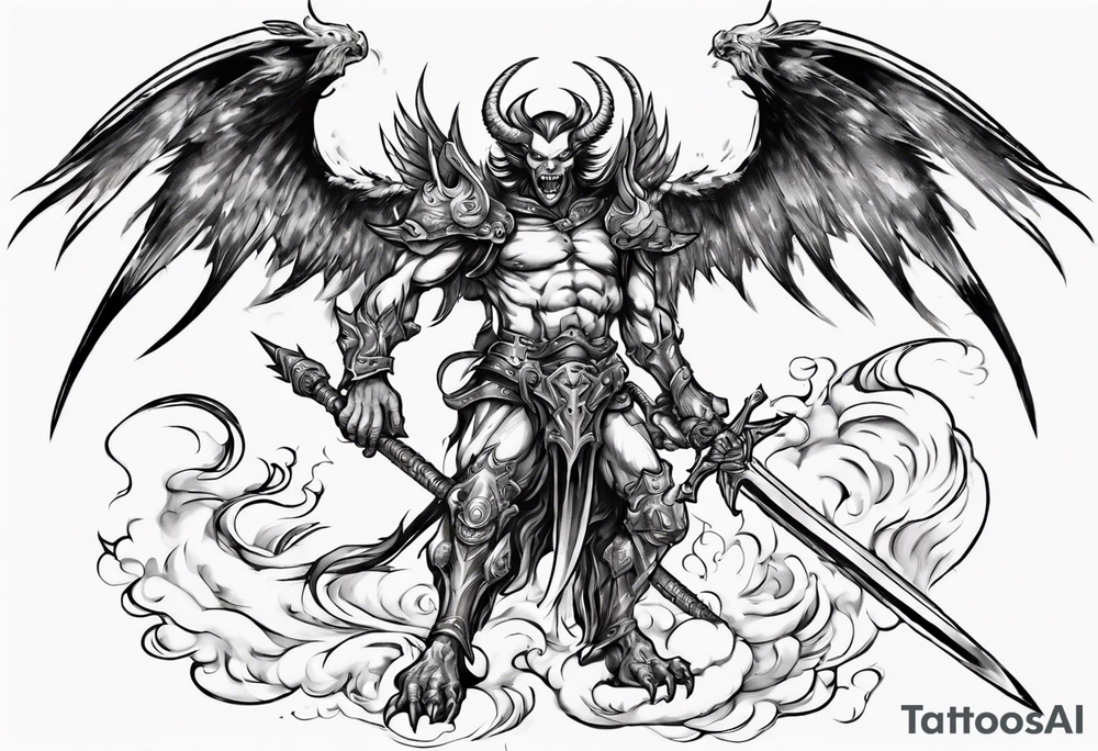 A demon angel wearing organic armor that is in mid-air with his two-handed sword behind them about to attack. tattoo idea