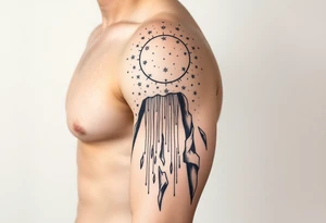 A solar system of stars that turn into a waterfall and rain tattoo idea