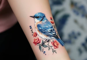 Puffy bluebird surrounded by wild flowers tattoo idea