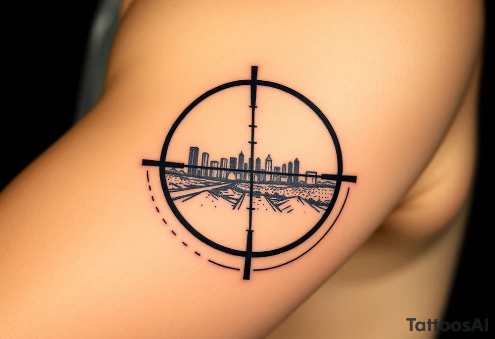 scope crosshairs with eerie Los Angeles city horizon in background tattoo idea