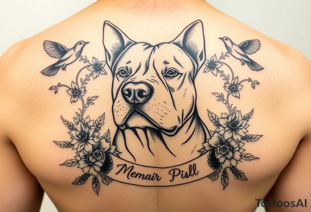 Memorial pit bull, surrounded by floral ornaments and birds and words tattoo idea