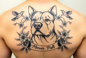 Memorial pit bull, surrounded by floral ornaments and birds and words tattoo idea