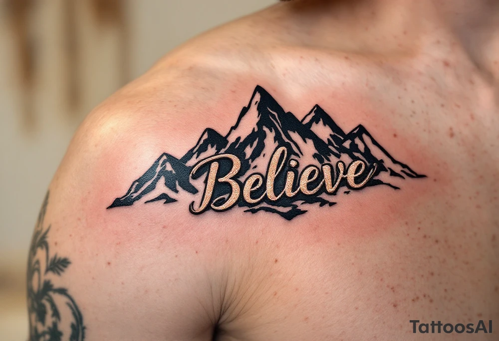 "Believe" in rustic copper with mountain outlines in the background, representing belief in personal strength and the journey ahead. tattoo idea