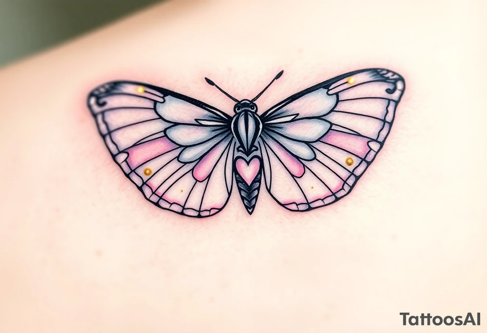A delicate moth with intricately patterned wings, adorned with soft pastel hues of lavender, pale pink, and light blue. The wings are outlined in fine black ink to accentuate the details, with small golden accents at the tips of the wings, symbolizing enlightenment and transformation. In the center of the moth’s body, a small heart-shaped symbol is subtly integrated, representing love. tattoo idea