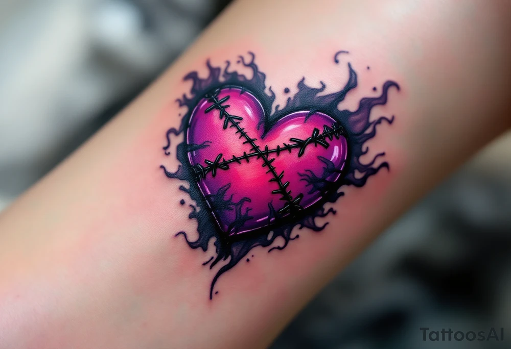 A stitched-up voodoo heart with black X-shaped stitches, surrounded by deep violet and gray smoke. tattoo idea